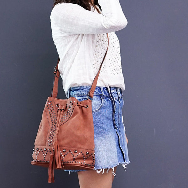 Boho Rivets Womens Vegan Leather Crossbody Bucket Bag With Fringe Durable