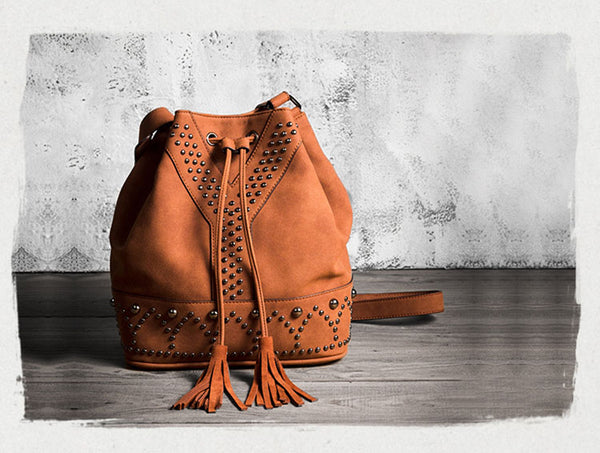 Boho Womens Vegan Leather Crossbody Bucket Bag With Fringe and Rivets for Women