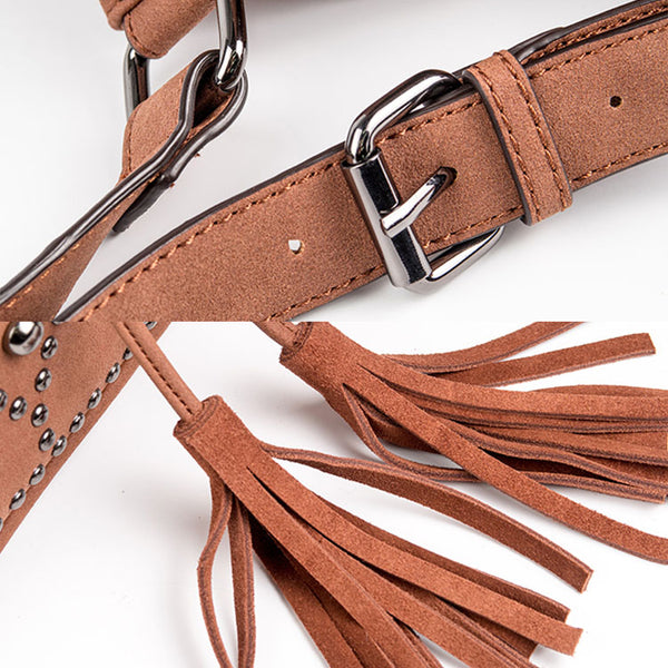 Boho Rivets Womens Vegan Leather Crossbody Bucket Bag With Fringe Trendy