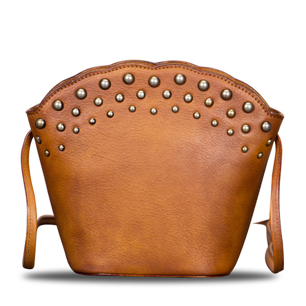 Boho Womens Rivets Genuine Leather Crossbody Bag Shoulder Purse For Women Brown