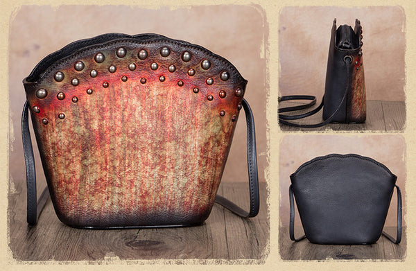 Boho Womens Rivets Genuine Leather Crossbody Bag Shoulder Purse For Women Cute
