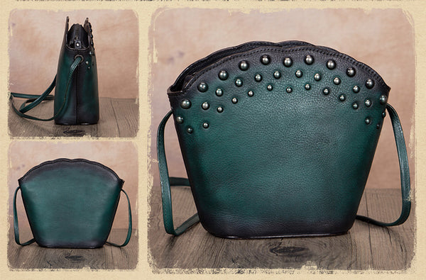 Boho Womens Rivets Genuine Leather Crossbody Bag Shoulder Purse For Women Fashion