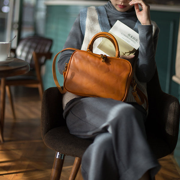 Ladies Small Brown Leather Cube Bag