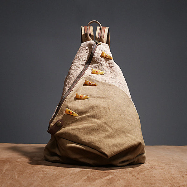 Brown Women's Cotton Canvas And Leather Backpack Rucksack Purse For Women Beautiful