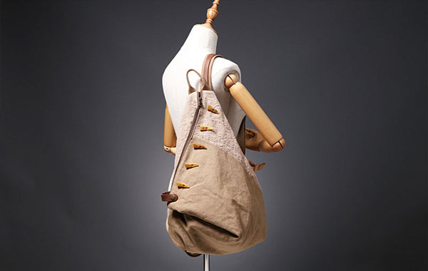 Brown Women's Cotton Canvas And Leather Backpack Rucksack Purse For Women Cute