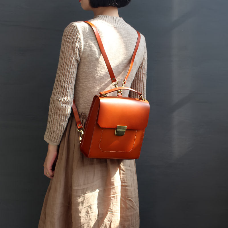 Brown Womens Square Leather Satchel Backpack Purse Small Rucksack For Women Accessories