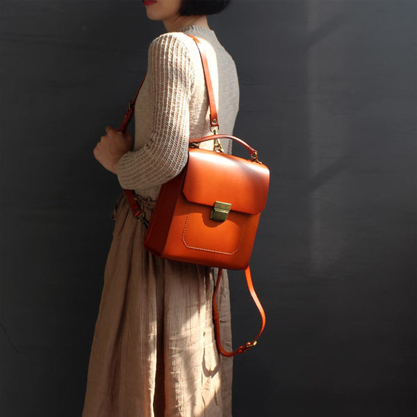 Brown Womens Square Leather Satchel Backpack Purse Small Rucksack For Women