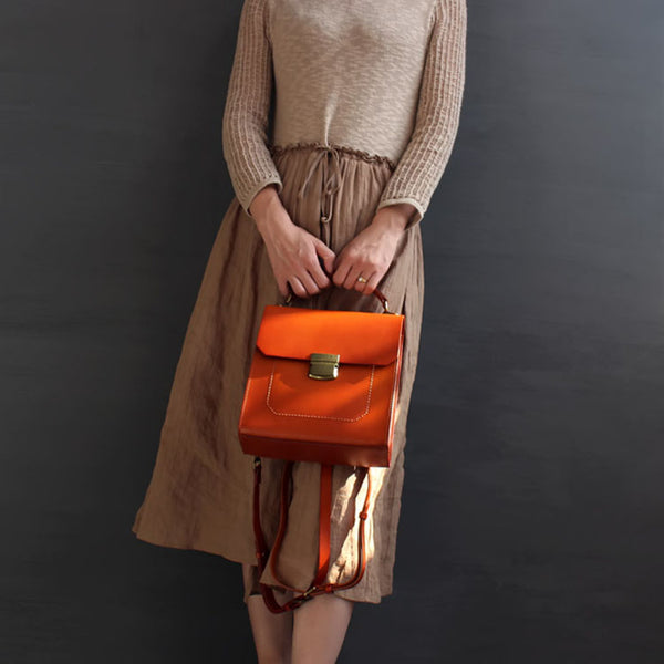 Brown Womens Square Leather Satchel Backpack Purse Small Rucksack For Women Beautiful