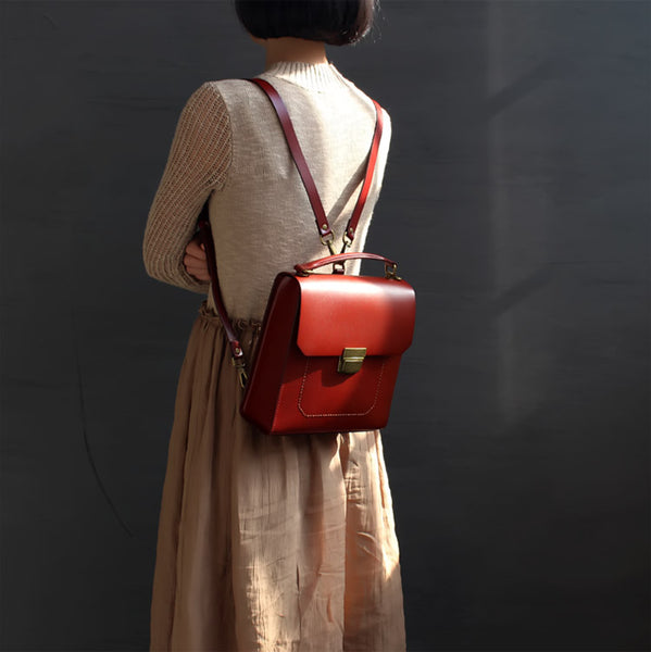 Brown Womens Square Leather Satchel Backpack Purse Small Rucksack For Women Brown