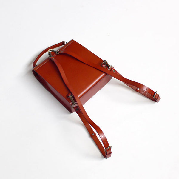 Brown Womens Square Leather Satchel Backpack Purse Small Rucksack For Women Cowhide
