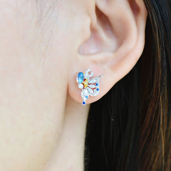 Butterfly Shaped Blue Moonstone White Gold Plated Sterling Silver Stud Earrings For Women Beautiful