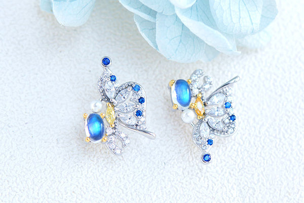 Butterfly Shaped Blue Moonstone White Gold Plated Sterling Silver Stud Earrings For Women Chic