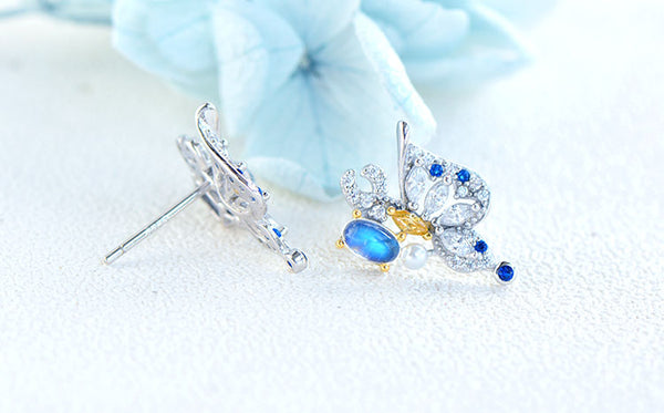 Butterfly Shaped Blue Moonstone White Gold Plated Sterling Silver Stud Earrings For Women Fashion