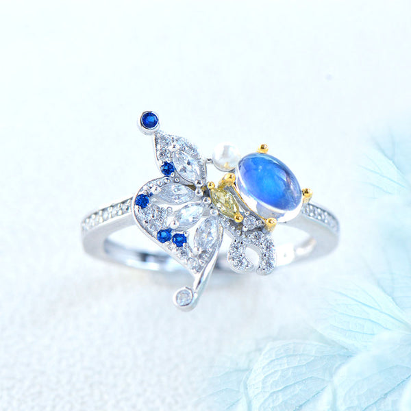 Butterfly Shaped Moonstone Ring White Gold Plated Sterling Silver Engagement Ring For Women
