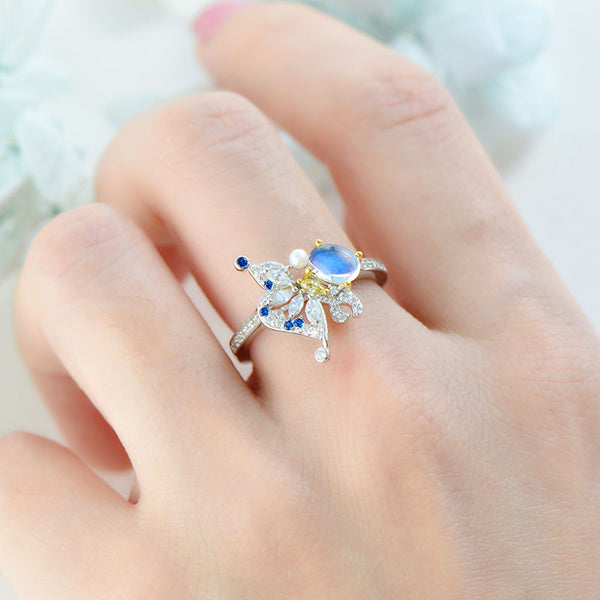 Butterfly Shaped Moonstone Ring White Gold Plated Sterling Silver Engagement Ring For Women