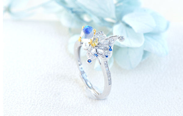 Butterfly Shaped Moonstone Ring White Gold Plated Sterling Silver Engagement Ring For Women