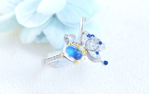 Butterfly Shaped Moonstone Ring White Gold Plated Sterling Silver Engagement Ring For Women