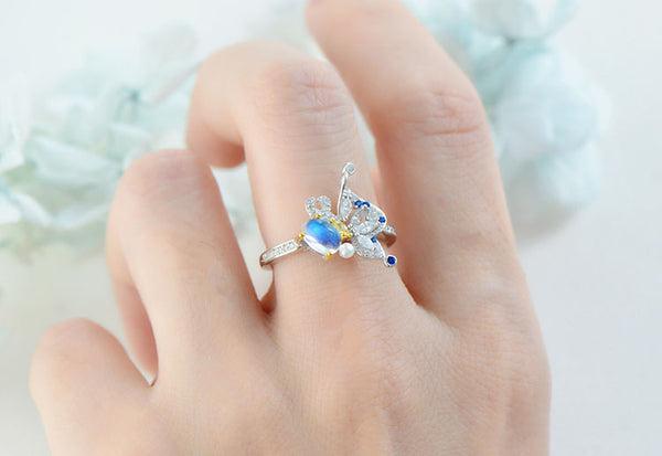 Butterfly Shaped Moonstone Ring White Gold Plated Sterling Silver Engagement Ring For Women