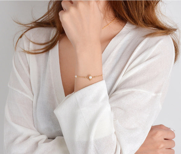 Charm 14K Gold Bracelet Pearl Beaded Bracelets for Women cute