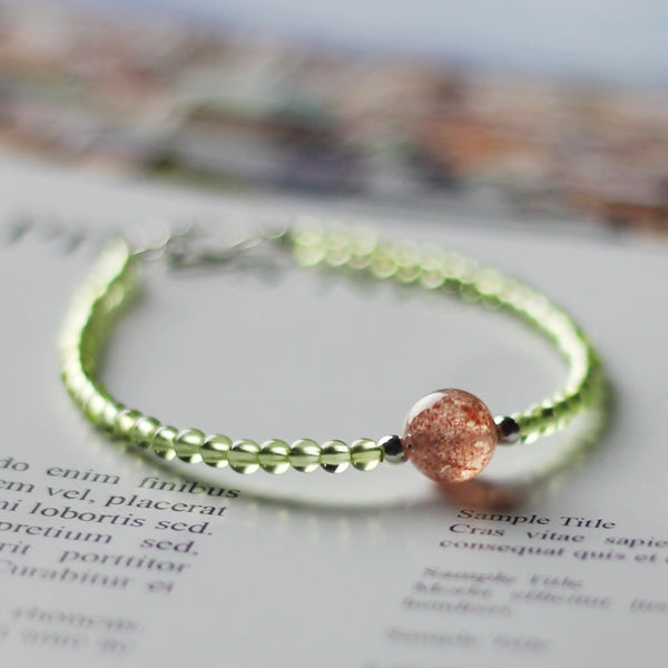 Charm Ladies Peridot and Strawberry Quartz Beaded Sterling Silver Bracelets for Women