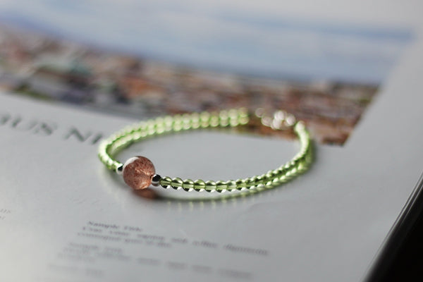 Charm Ladies Peridot and Strawberry Quartz Beaded Sterling Silver Bracelets for Women Chic