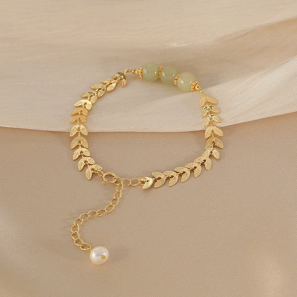 Charm Wheat Shaped Womens Jade Bead Bracelet 14k Gold Plated Bracelet With A Pearl Accessories