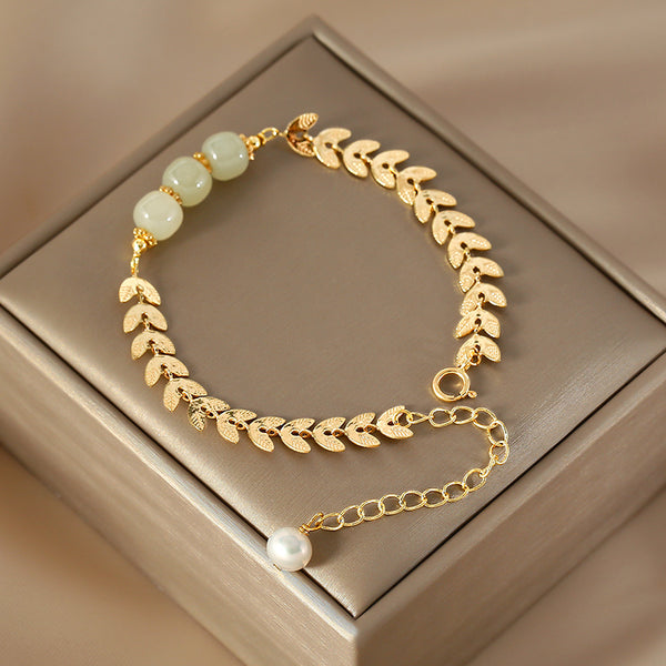 Charm Wheat Shaped Womens Jade Bead Bracelet 14k Gold Plated Bracelet With A Pearl