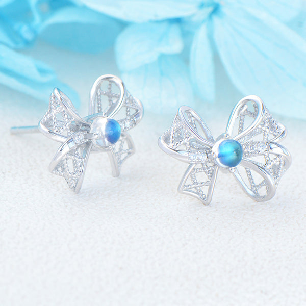 Charm Womens Bowknot Shaped Blue Moonstone Silver Stud Earrings For Women Accessories