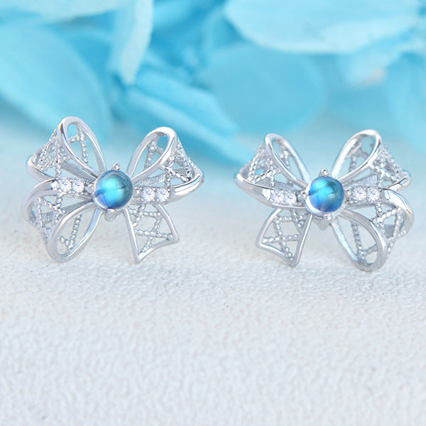 Charm Womens Bowknot Shaped Blue Moonstone Silver Stud Earrings For Women