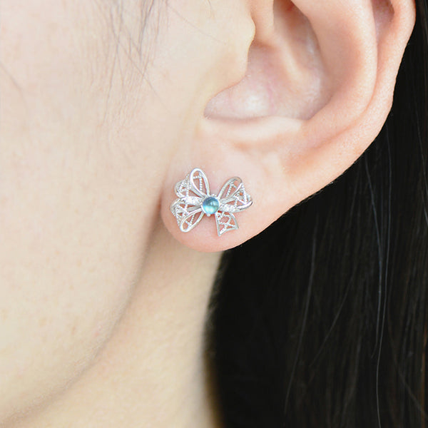 Charm Womens Bowknot Shaped Blue Moonstone Silver Stud Earrings For Women Affordable