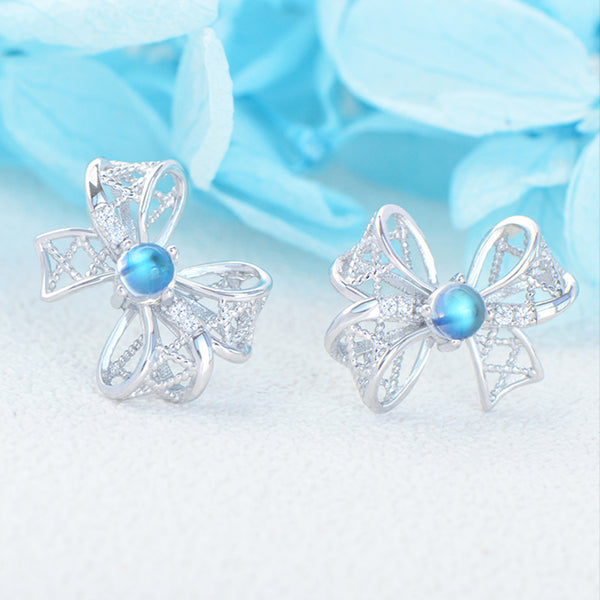 Charm Womens Bowknot Shaped Blue Moonstone Silver Stud Earrings For Women Beautiful
