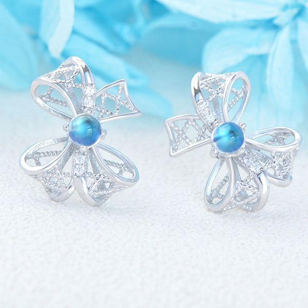 Charm Womens Bowknot Shaped Blue Moonstone Silver Stud Earrings For Women Chic