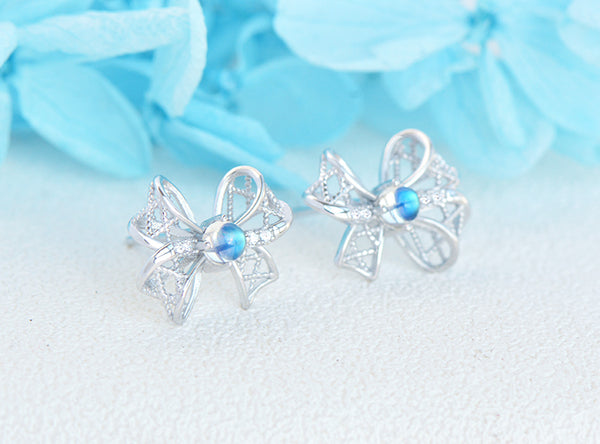 Charm Womens Bowknot Shaped Blue Moonstone Silver Stud Earrings For Women Fashion
