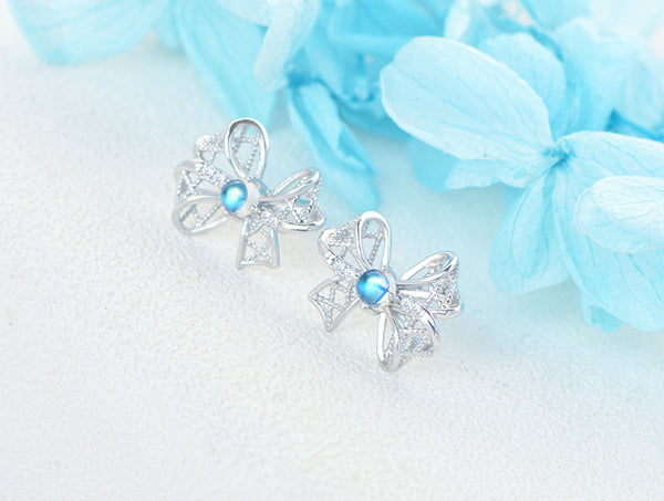 Charm Womens Bowknot Shaped Blue Moonstone Silver Stud Earrings For Women Funky