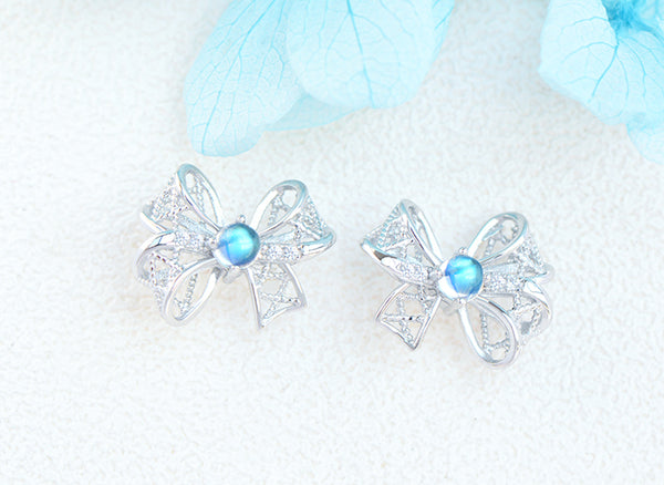 Charm Womens Bowknot Shaped Blue Moonstone Silver Stud Earrings For Women Gift