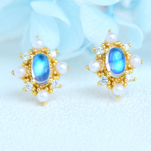 Chic Ladies Genuine Moonstone Stud Earrings Gold Plated Silver For Women