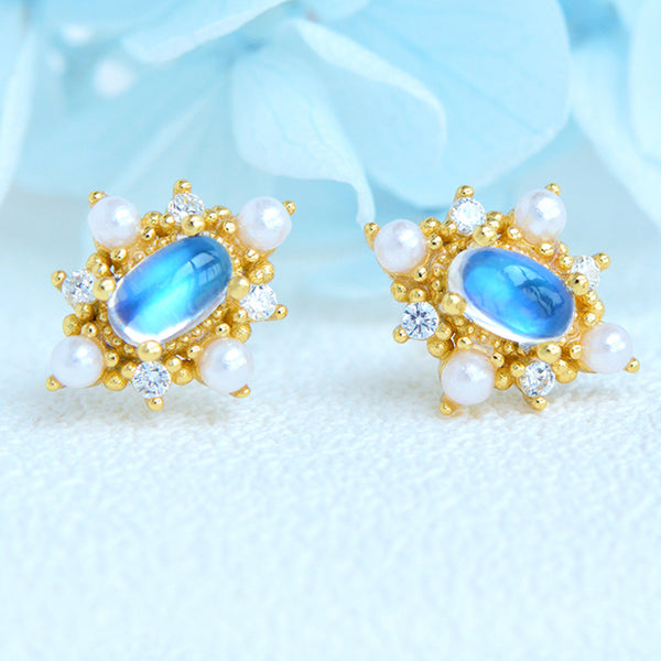 Chic Ladies Genuine Moonstone Stud Earrings Gold Plated Silver For Women Beautiful