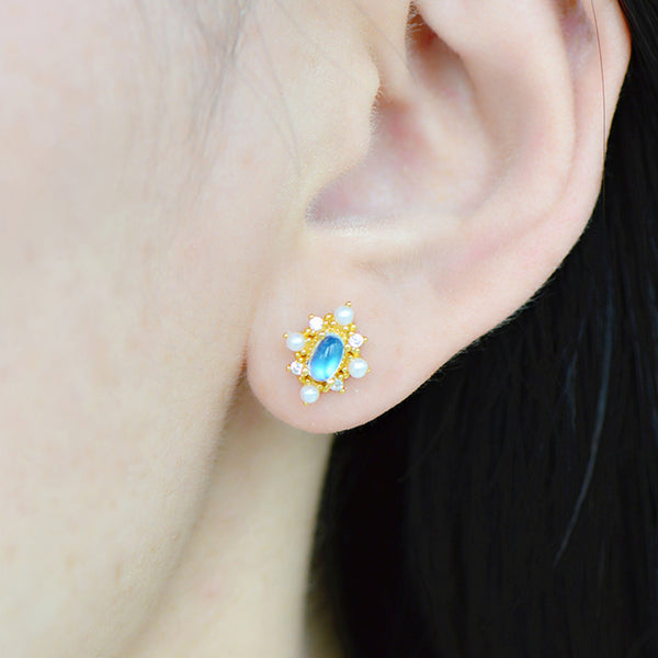 Chic Ladies Genuine Moonstone Stud Earrings Gold Plated Silver For Women Cute