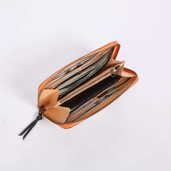 Chic Women's Waxed Leather Billfold Zip Around Wallet For Women Inside