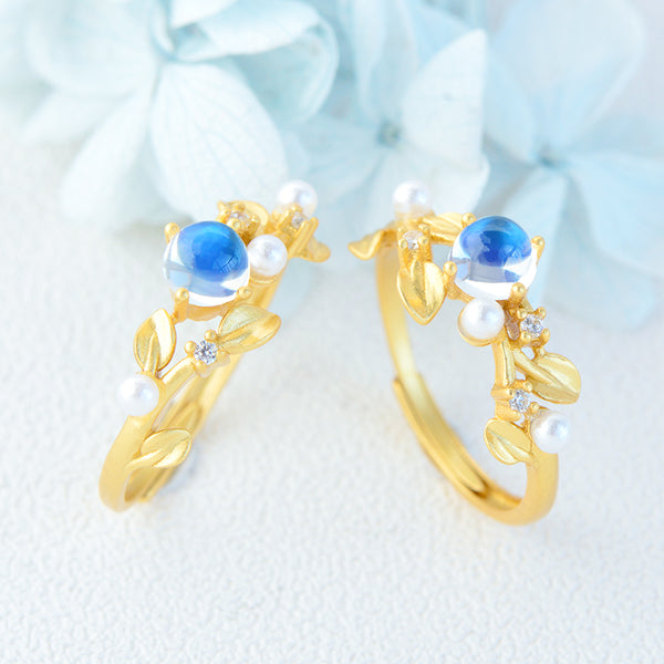 Chic Womens Gold Plated Sterling Silver Blue Moonstone Ring For Women