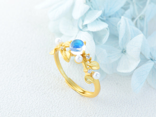 Chic Womens Gold Plated Sterling Silver Blue Moonstone Ring For Women Chic