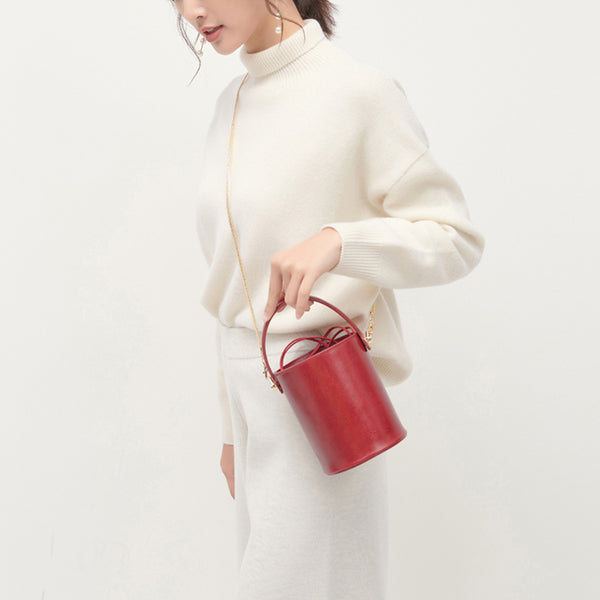 Chic Womens Red Leather Crossbody Bucket Bag Handbags Purse for Women