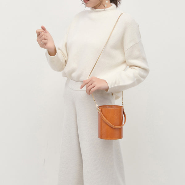 Chic Womens Red Leather Crossbody Bucket Bag Handbags Purse for Women Brown