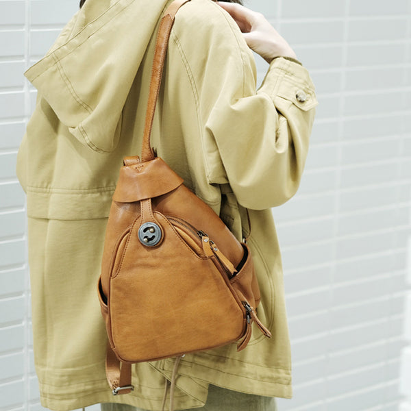 Cool Ladies Brown Leather Backpack Purse Small Rucksack For Women Beautiful