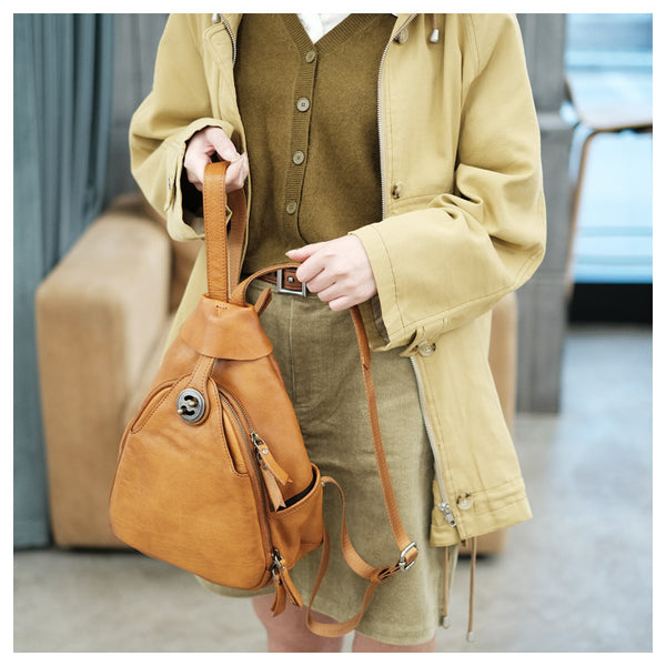 Cool Ladies Brown Leather Backpack Purse Small Rucksack For Women Chic