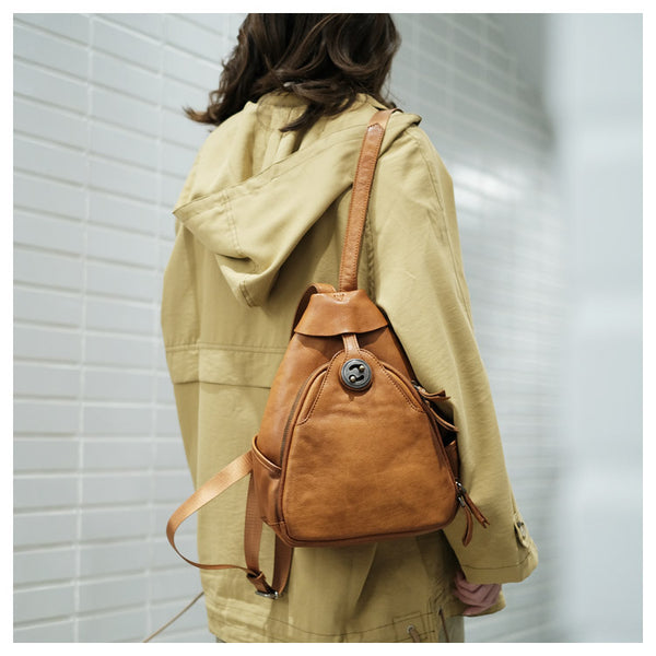 Cool Ladies Brown Leather Backpack Purse Small Rucksack For Women Cowhide