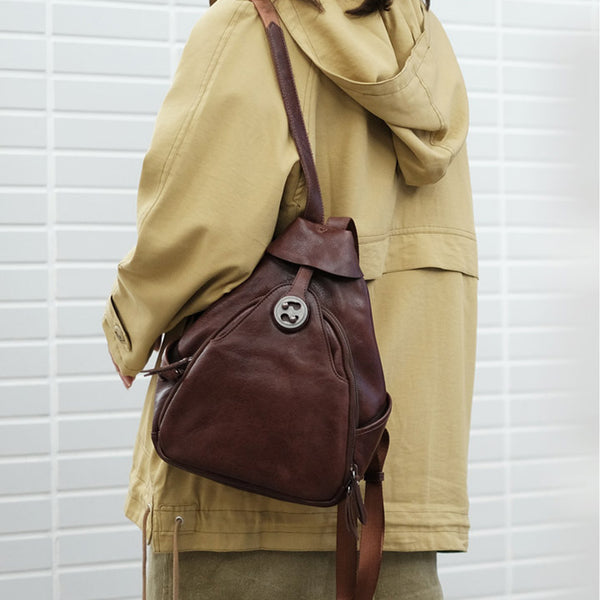 Cool Ladies Brown Leather Backpack Purse Small Rucksack For Women Designer