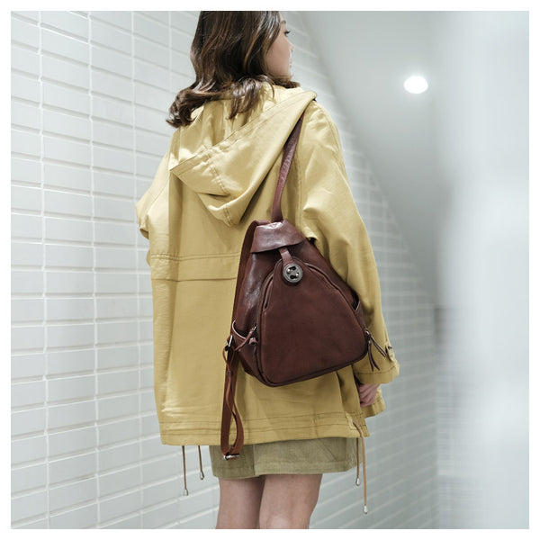 Cool Ladies Brown Leather Backpack Purse Small Rucksack For Women Small