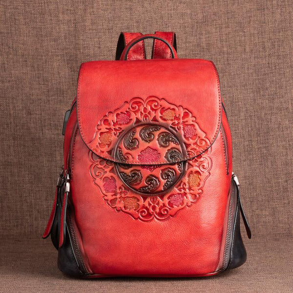 Cool Ladies Embossed leather Backpack Purse With Built In Universal USB Port For Women Affordable