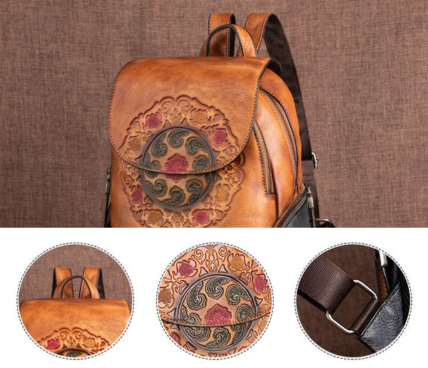 Cool Ladies Embossed leather Backpack Purse With Built In Universal USB Port For Women Brown